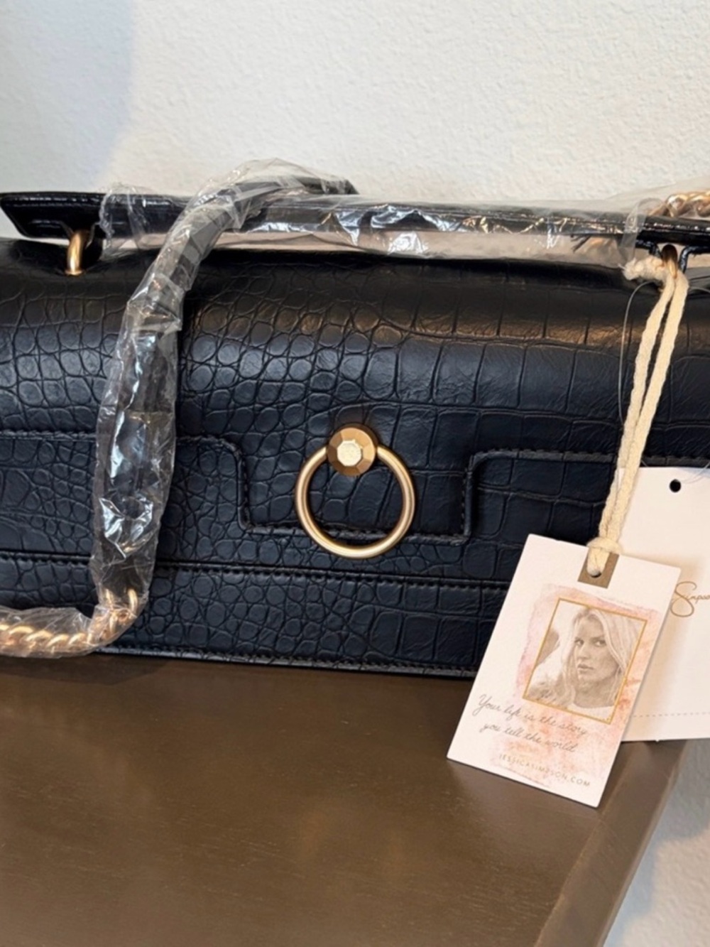 Jessica Simpson Black Croc-Embossed Shoulder Bag with Gold Ring Accent- NWT